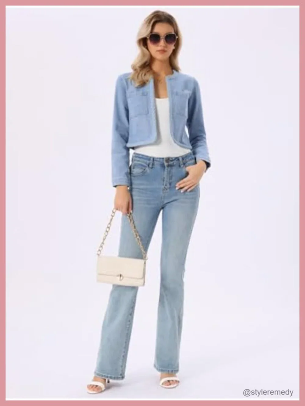 Women's Cropped Denim Jacket Collarless Long Sleeve Open Front Casual Jean